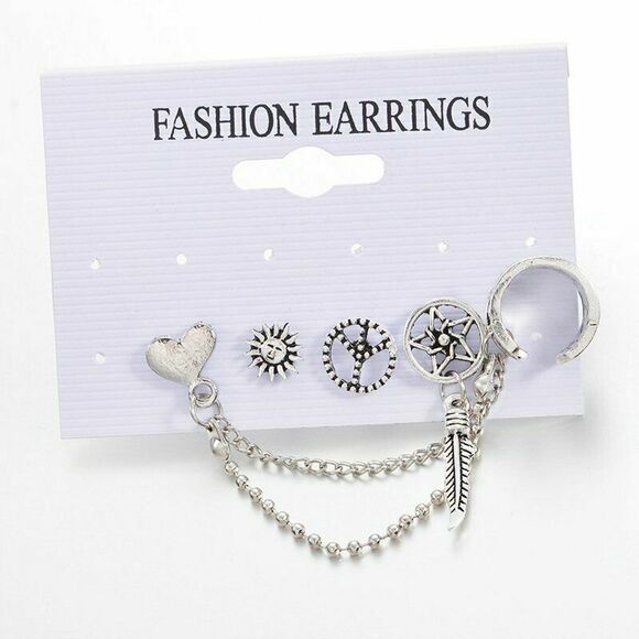 NEW Silver Earrings SET Crawler Chain Dream Catcher Peace Sign Hippie Gypsy Boho - Picture 2 of 4